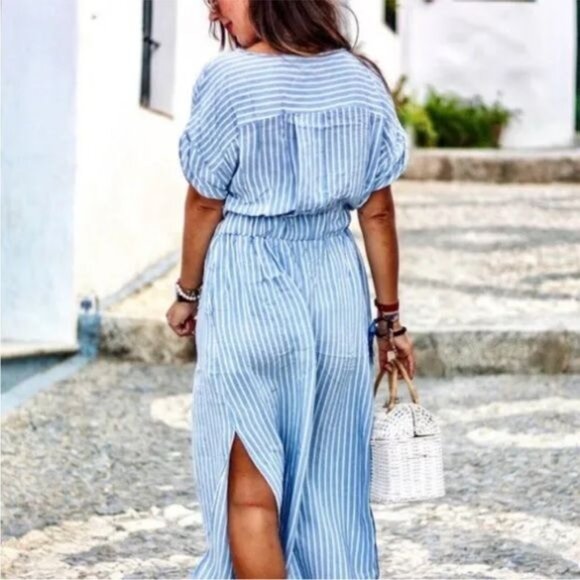 ZARA MIDI V NECK SHIRT DRESS STRIPED BLUE WHITE 7784/072 XSMALL - Picture 7 of 12